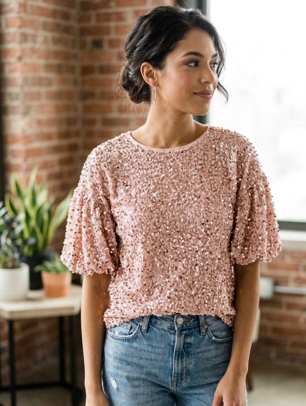 TCEC Pink Sequin Puff-Sleeve Tee • Size L